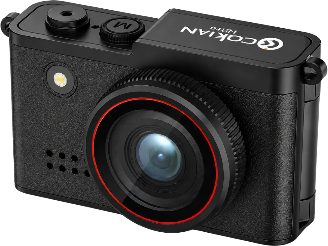 Cokian ION pocket camera, three-quarter view with the red lens ring